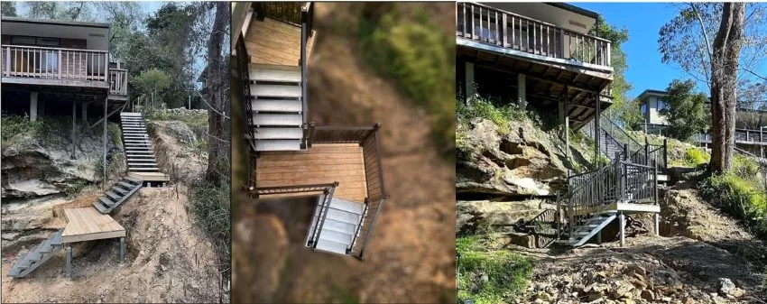 Galvanized stringers for an outside staircase combined with aluminium treads and powder coated handrail