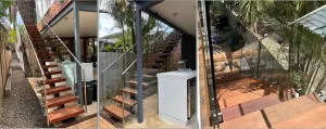 Monorial Stringer staircase with Ironbark treads and glass Handrail